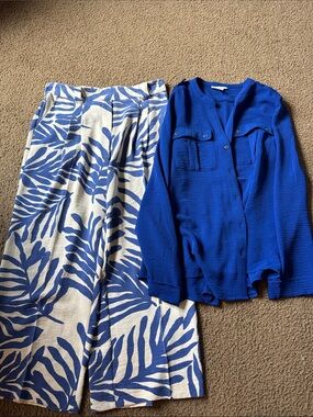 Rachel Zoe Blue Printed Wide-Leg Pants with Cobalt Blue Blouse size Medium